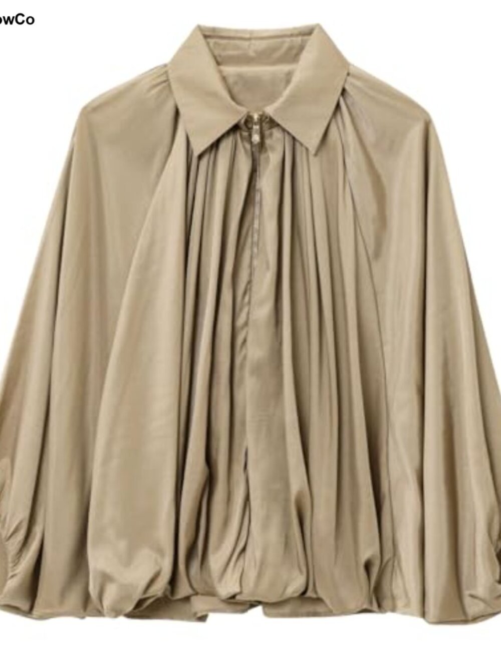 Puffed Silhouette Zip Up Bomber Jacket Lightweight Pleated Casual Loose